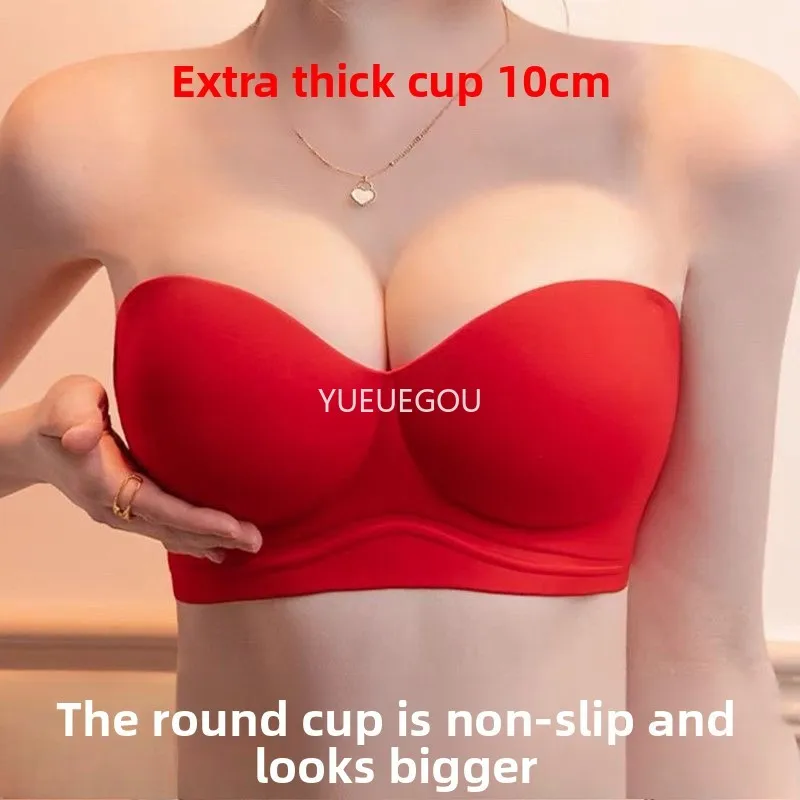 Roter 10 cm ultradicker, trägerloser Push-Up-BH für Hochzeit, rutschfestes Braut-Bustier-Korsett, unsichtbarer Ausschnitt für kleine Brust, AA-Cup Image