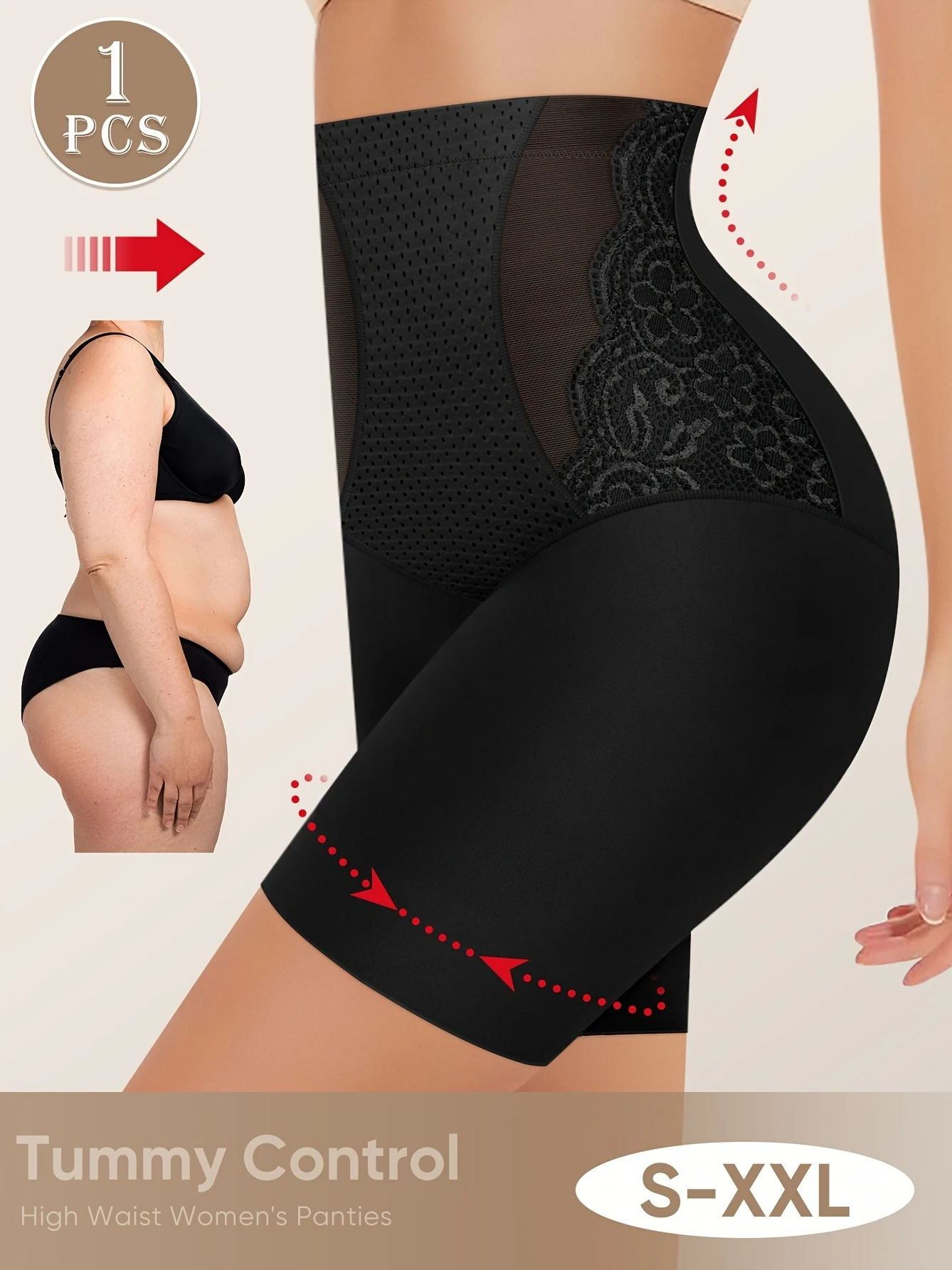 MIOTAN Damen-Shorts mit hoher Taille und Bauchkontrolle – atmungsaktives Mesh und Spitzenbesatz, Größen S-XL, Schwarz, elegante formende Unterwäsche für