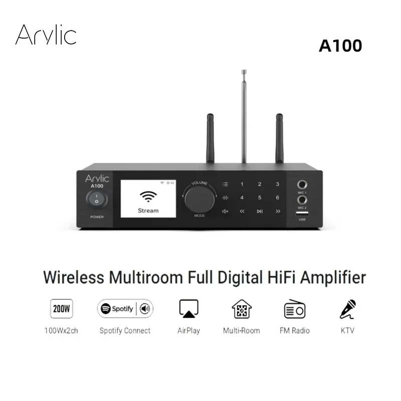 Arylic A100 100 W x 2 Leistungsverstärker, Musik-Streamer, UKW-Radio, KTV, WLAN, AirPlay, Spotify Connect, kabelloses Bluetooth-Streaming Image