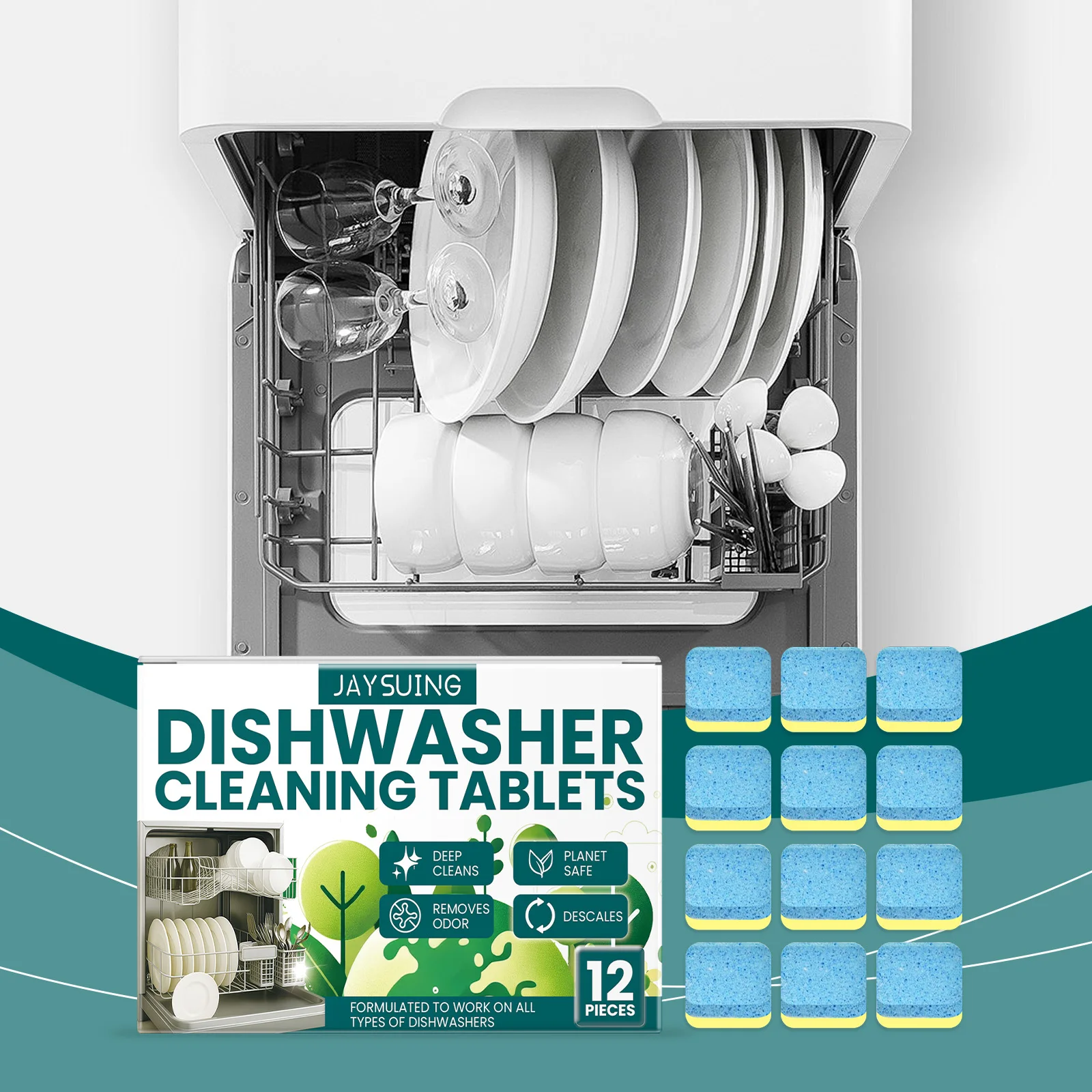 Spülmaschinenreiniger, starke Ölfleckenentfernung, Entkalkung, Reinigungsmittel, Tabletten, Küchenreinigungswerkzeuge für Spülmaschine, Waschmaschine Image