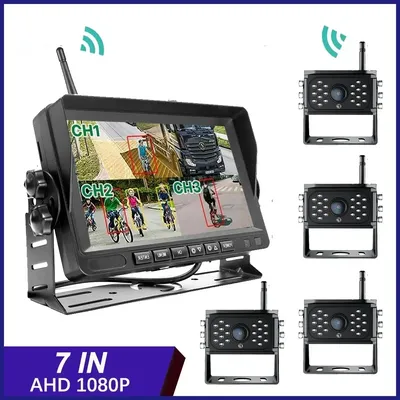 7" Wireless DVR 4 Split-screen Truck Monitor AHD 1080P Night Vision Reverse Backup Recorder For Trailer/Bus/RV/Pickups/SUV/Van