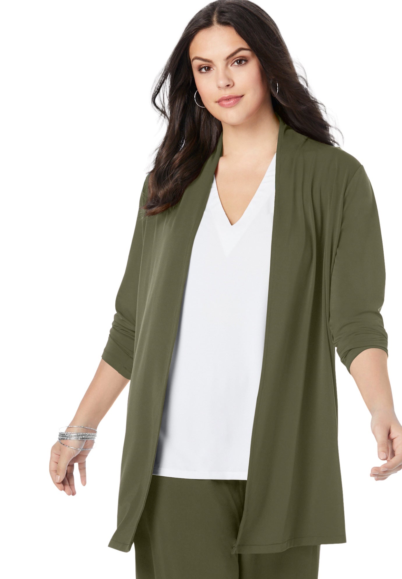 Plus Size Women's Ultrasmooth® Fabric Long Sleeve Cardigan by Roaman's in Dark Olive Green (Size 14/16) Stretch Jersey Topper