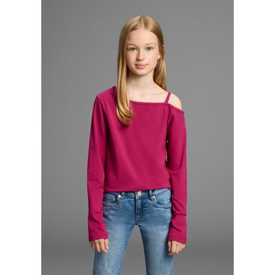 Langarmshirt KIDSWORLD "Off-Shoulder Shirt", Mädchen, Gr. 176/182, rot (bordeaux), Jersey, Obermaterial: 95% Baumwolle, 5% Elasthan, unifarben, modisch, figurbetont hüftlang, asymmetrischer Ausschnitt, Langarm, Shirts, Mit modischer Schulterlösung Image