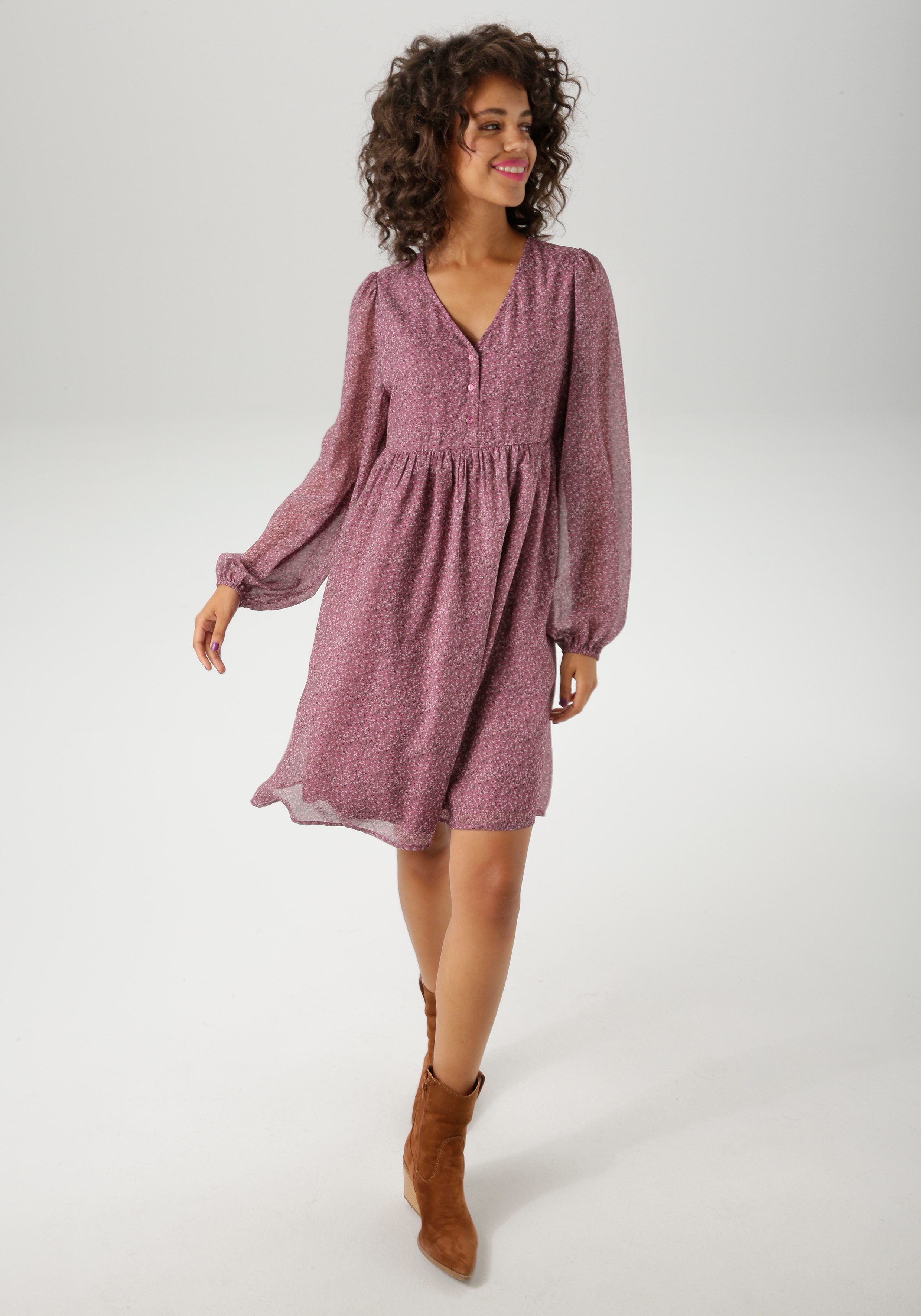 Blusenkleid ANISTON CASUAL, Damen, Gr. 40, N-Gr, beere, grün, wollweiß, dunkelbraun, Georgette, Obermaterial: 100% Polyester. Futter: 100% Polyester, bedruckt, lässig geschnitten kniefrei, V-Ausschnitt, elastischer Bund mit Gummizug, Kleider...