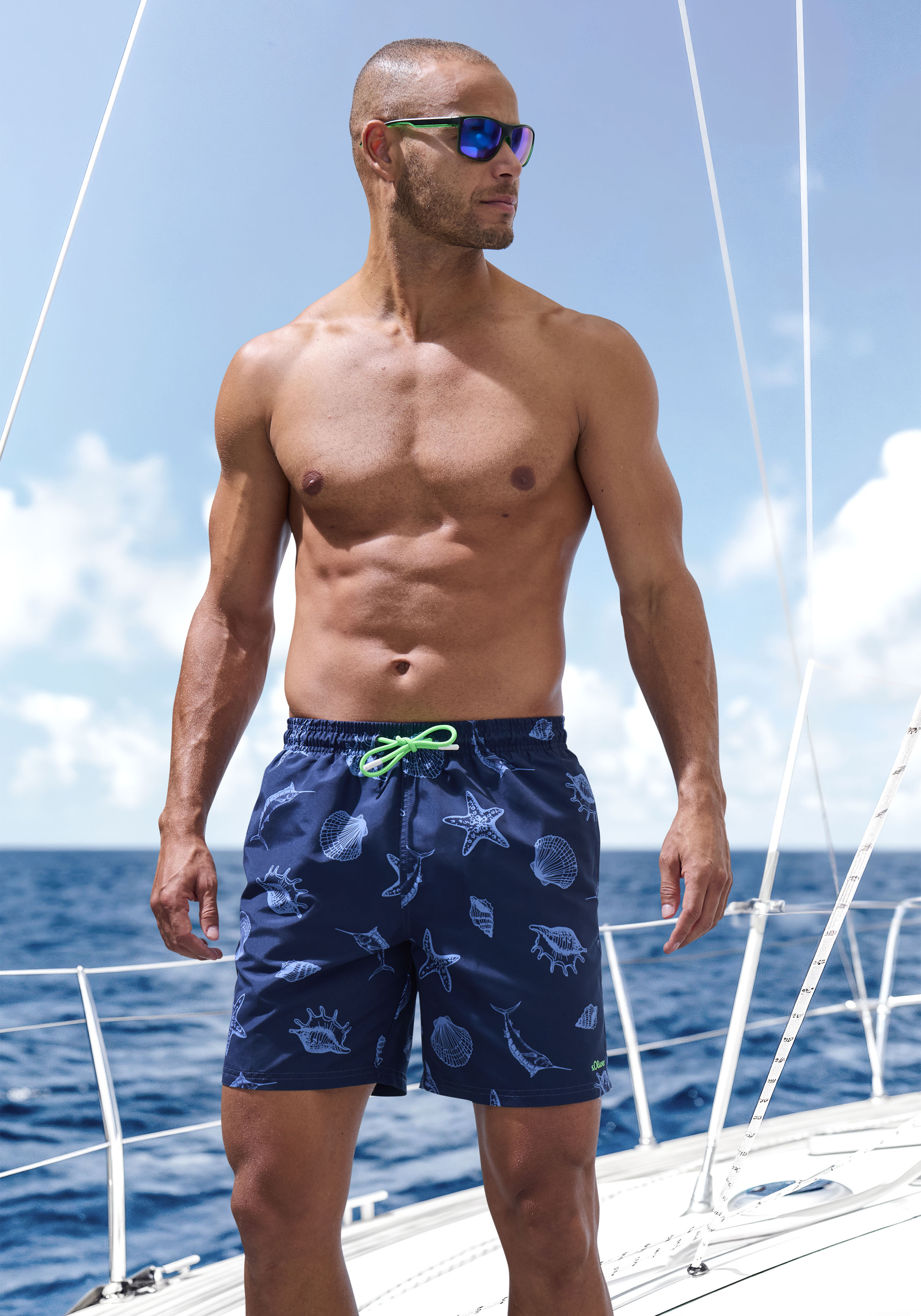 Badeshorts S.OLIVER, Herren, Gr. M50, N-Gr, blau (marine bedruckt), Recycling-Polyester, bedruckt, Badehosen Image