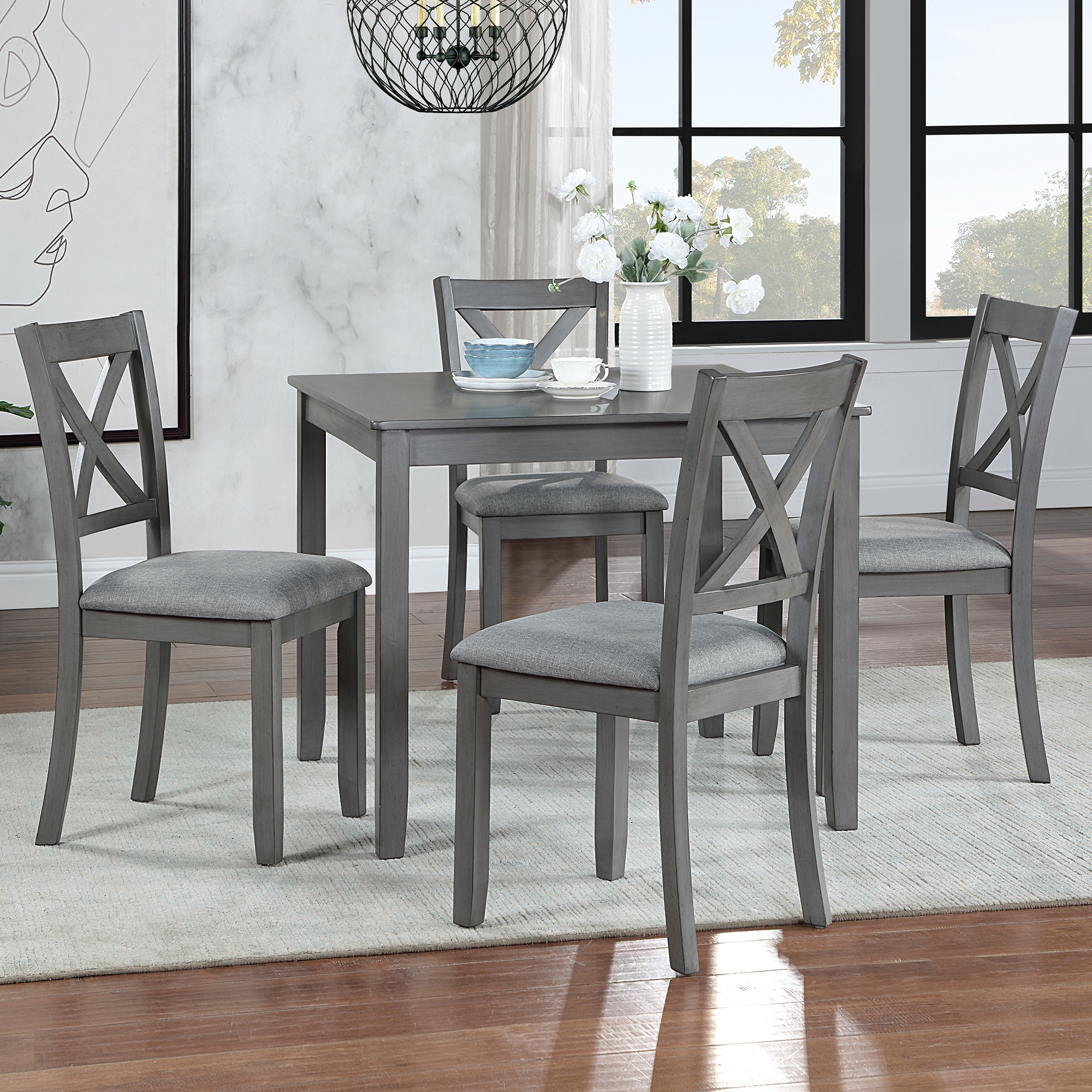 5 Piece Dining Table Set, Solid Wood Kitchen Table Set, Dining Room Furniture Set with Square Table & 4 Upholstered Chairs