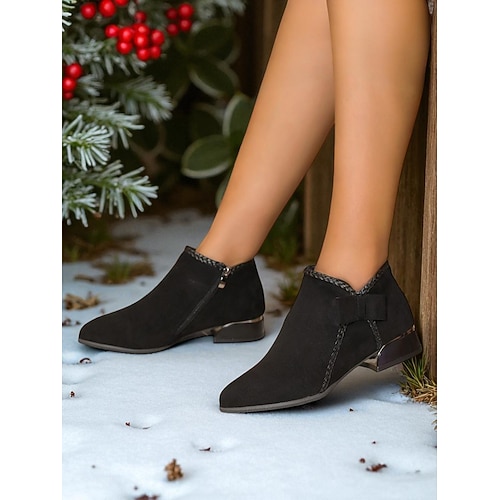 Rote Damenstiefeletten aus Wildlederimitat – Stiefeletten mit niedrigem Absatz und seitlicher Schleife für Winteroutfits, Weihnachtsfeiern und lässige Shoppingtouren Image