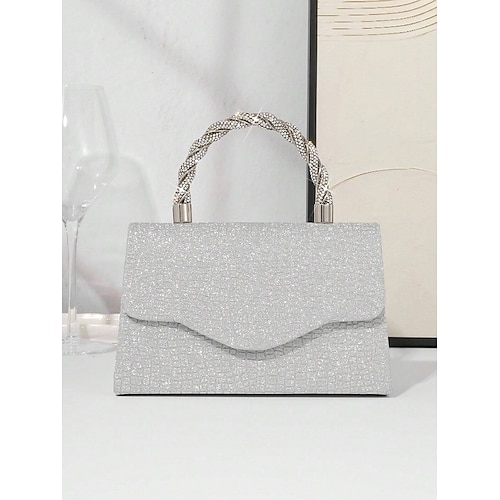 Damenhandtasche in Silber mit Glitzer und Strass-Griff – elegante Abend-Umhängetasche für Partys, Hochzeiten und Cocktail-Events