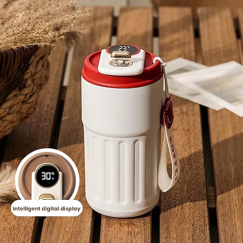 Kaffeethermoskanne mit Temperaturanzeige, isolierter Reisebecher aus Edelstahl, ästhetisch ansprechende tragbare Wasserflasche für Frauen, auslaufsicherer Heiß-/Kaltwasserbecher Image