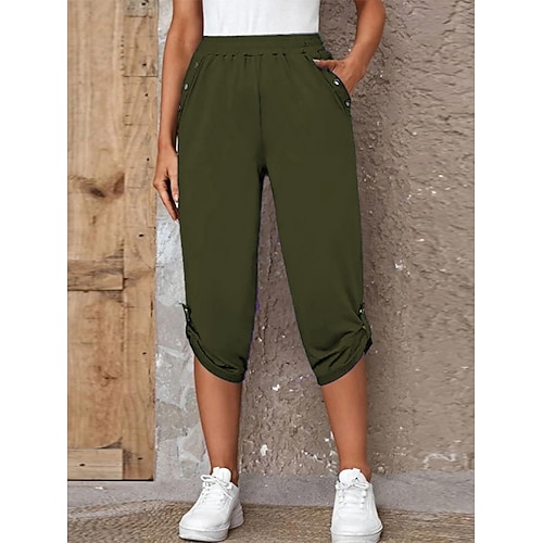 Damen Caprihose Tapered Hose Sommerhose Freizeithose Urlaub Mode Lässig Wadenlang Hohe Taille Einfach Tasche Elastischer Bund Leicht Weich Bequem Mikroelastisch Outdoor Straße Ferien Blau Khaki Image