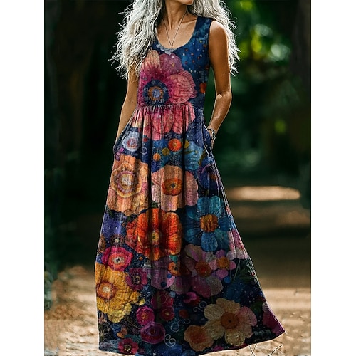 Damen Midi Kleid Boho Floral Kunst Druck Vintage Kleid Urlaub Lässig Ausgehen Strand Regulär Fit Floral Grafik Ärmellos U-Ausschnitt Pink Wein Hellbraun Blau Sommer Frühling Image