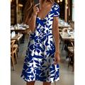 Damen Midikleid T-Shirt-Kleid Sommerkleid A Linie Kleid Urlaub Lässig Strand Strand Normale Passform Blumen Grafik Blatt Kurzarm V Ausschnitt Schwarz und Weiß Gelb Rote Blau Sommer Frühling