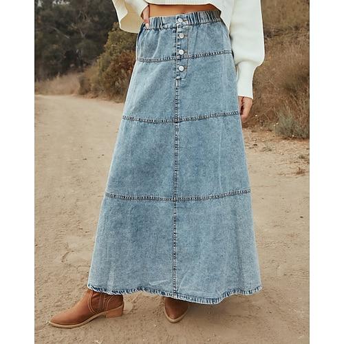 Damen Rock Langer Rock Denim-Midirock Modisch Brautkleider schlicht Maxi Hoher Taillenbund Röcke Glatt Lang Ausgehen Casual Blau Sommer Polyester