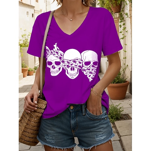 Damen T-Shirt Schädel Grafik Katze Vintage Stilvoll Klassisch Kurzarm V-Ausschnitt Regelmäßige Oberteile Alltag Druck Schwarz und Weiß Schwarz Weiß Gelb Pink Sommer Frühling Image