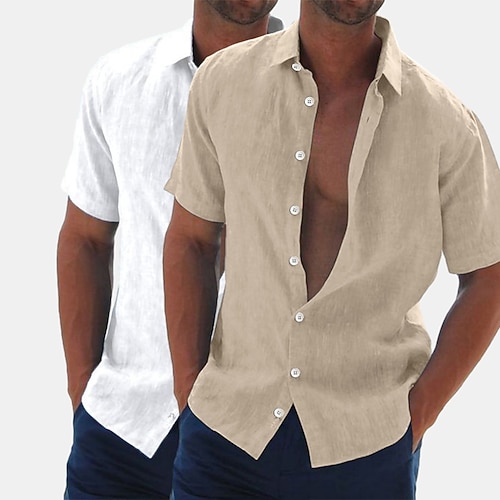 Herren Leinenhemd Sommerhemd Strandbekleidung Knopfhemd Hemden zum Herausstecken Einfarbig Urlaub Kreuzfahrt Grün grau Weiß Khaki Khaki Schwarz GrünKhaki Kurzarm Umlegekragen Sommer Bekleidung Image