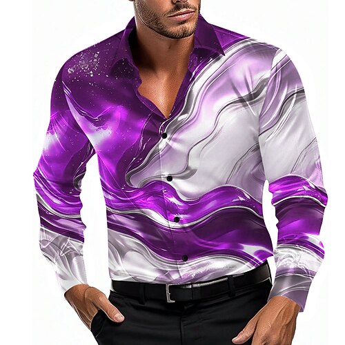 Herren Farbverlauf Wellen Marmor Hemd Satinhemd Kleidhemd Langarm Modisch lässig Urlaub Alltagskleidung Sommer Frühling Herbst Umlegekragen 3D-Druck Hemden mit Knopfleiste Blau Purpur Grün Image