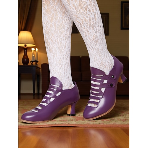 Lilafarbene Pumps mit Käfigriemen im Edwardian-Stil für Damen – Vintage-Abendschuhe aus Kunstleder im Stil der 1900er Jahre mit kleinem Absatz, Retro-Kostümschuhe für historische Nachstellungen, Theater und den Gothic-Lolita-Stil Image
