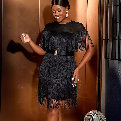 Retro Vintage Goldene Zwanziger 1920er Mini Über dem Knie Flapper Kleid Cocktailkleid Cap-Ärmel Der große Gatsby Fransen Rundhals Rundausschnitt Kostüm Damen Weihnachten Valentinstag Hochzeit Image