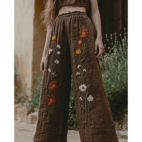 Damen Weites Bein Hosen Hose Palazzo-Hose Mode Boho Volle Länge Hohe Taille Blume Elastischer Bund Druck Atmungsaktivität Bequem Straße Alltagskleidung Ausgehen Dunkelbraun Kaffee Frühling Herbst Image