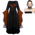 Set mit Fledermauskleid, Federkragen, Spitzenhalskette, 2-teiliges Outfit, Retro-Vintage-Punk, Gothic, Steampunk, mittelalterliches Kleid, bösartige Hexen, Damen-Cosplay-Kostüm, Halloween, Party, Club