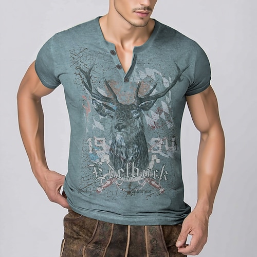 Lederhosen T-Shirt Match Henley-Shirt Bayerisch München Deutsch alpin Erbe T-Shirt Ärmel Grafik für Herren Erwachsene 3D-Druck für Karneval Oktoberfestbier Party Image