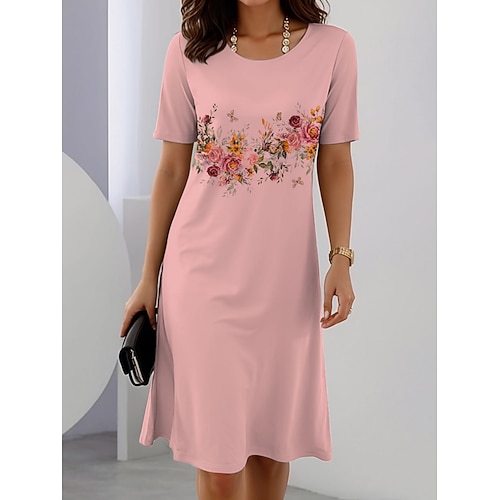 Damen Elegantes Party Abend Midi Kleid Rundhalsausschnitt Kurzarm Shift Kleid Sommer Kleid Lässig Täglich Reguläre Passform Blumengrafik Weiß Rosa Blau Grün Sommer Frühling Herbst Image