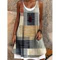 Damen Minikleid T-Shirt-Kleid Sommerkleid A Linie Kleid Urlaub Lässig Boho Täglich Lässiger Schnitt Grafik Geometrisch Karomuster Ärmellos Rundhalsausschnitt Khaki Sommer Frühling Herbst