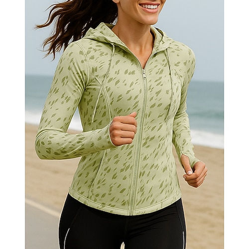 Damen Laufjacke Outdoorjacke Kapuzenjacke Kordelzug Langarm Oberteil Athleisure Herbst Winter Sonnenschutz Winddicht Outdoor Laufen Yoga Sportbekleidung Sportkleidung Weiß Grün Grau Image