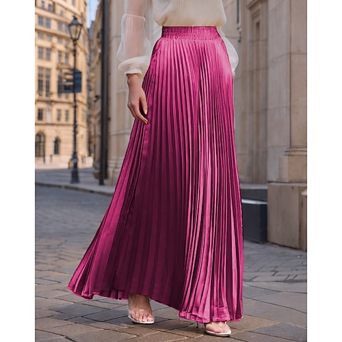 Damen Satinröcke Mode Lang Maxi Hohe Taille Röcke Einfarbig Gerafft Plissiert Schimmernd Mikroelastisch Täglich Ferien Silber Pfauenblau Marineblau Schwarz Frühling, Herbst, Winter, Sommer Polyester Image