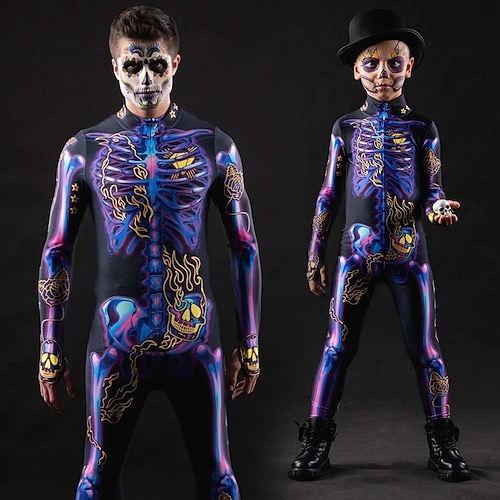 Karneval 2026 Totenkopf Bodysuits Halloween-Gruppen-Paarkostüme Ganzkörper-Catsuit Gruseliges Kostüm Erwachsene Kinder Alle Halloween Karneval Tag der Toten Club Party Leistung Einfache Image