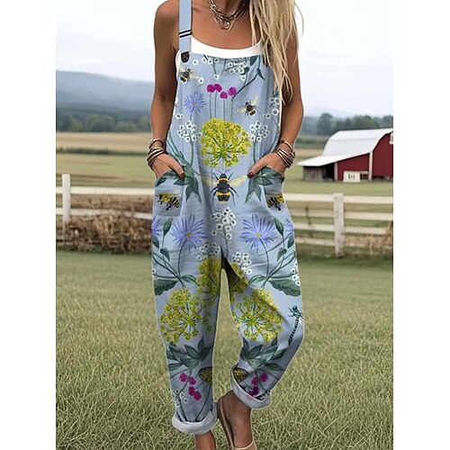 Damen Strampler Aktiv Grafik Ärmellos Knöpfe Urlaub Straße Lässiger Schnitt Blau Weiß Gelb Sommer Image