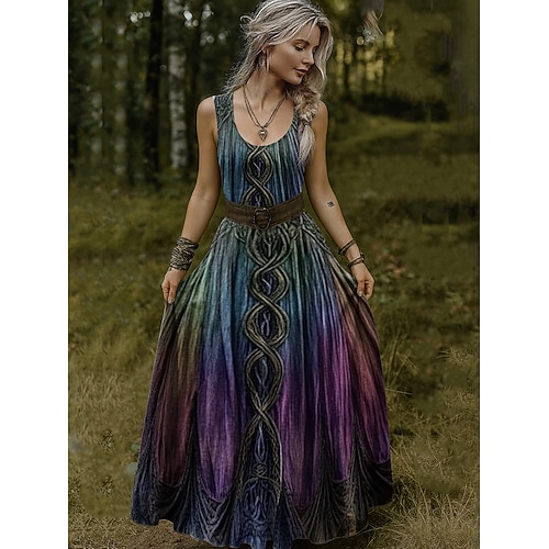 Damen Maxikleid Sommerkleid A Linie Kleid Unterkleid Faltenkleid Urlaub Lässig Boho Strand Normale Passform Grafik Ethnisch Ärmellos V Ausschnitt U-Ausschnitt Dunkelviolett Purpur Sommer Frühling Image