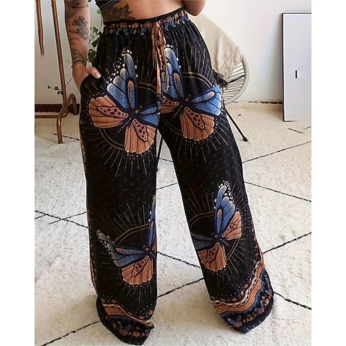 Damen Weites Bein Stoffhosen Streetwear Lässig Volle Länge Natürliche Taille Schmetterling Kordelzug Tasche Druck Bequem Outdoor Urlaub Straße Schwarz Weiß Herbst Normale Passform Image