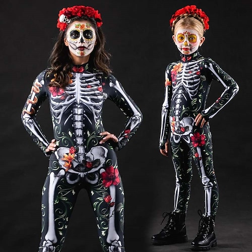 Karneval 2026 Totenkopf Zuckerschädel Bodysuits Halloween-Gruppen-Paarkostüme Ganzkörper-Catsuit Gruseliges Kostüm Erwachsene Kinder Alle Halloween Karneval Tag der Toten Club Party Leistung Einfache Image