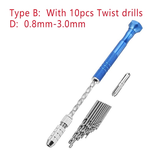 0,5-3 mm halbautomatisches Mini-Handspiralbohrer-Set mit 10 kleinen Bits und 2 doppelseitigen Spannfuttern zum Bohren von Holz Image