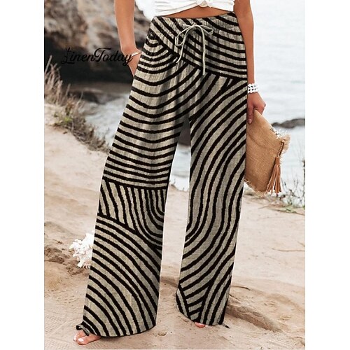Damen Weite Hosenbeine Weites Bein Chinos Urlaub Vintage Ethno-Stil Volle Länge Hohe Taille Grafik Farbverlauf Gestreift Schnelltrocknend Atmungsaktivität Weich Unelastisch Lässig Outdoor Urlaub Image