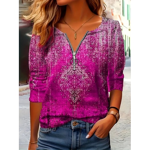 Damen T-Shirt Langarm Viertel Reißverschluss Langarm Lässig Grafik Farbverlauf Abstrakt Bohemia Vintage Stylisch V-Ausschnitt Reguläre Oberteile Alltag Rot Fuchsia Frühling Vorherherbst Image