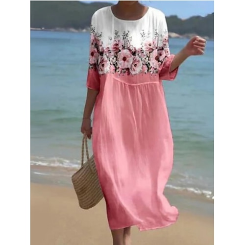 Damen Midikleid Freizeitkleid Druckkleid Mode Modern Täglich Strand Wochenende Normale Passform Blumen Dreiviertelarm Rundhalsausschnitt Weiß Rosa Grün Frühling Herbst Image
