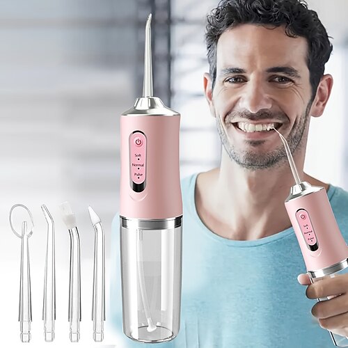 Tragbarer wiederaufladbarer elektrischer Zahnirrigator mit 4 grünen Köpfen - Effektiver Mund-Dental-Seam-Wäscher für Männer und Frauen perfekt für Wasserzahnseide und Reinigung Valentinstagsgeschenk Image