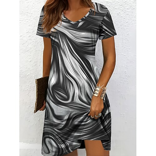 Damen Minikleid Strickkleid Freizeitkleid T-Shirt-Kleid Sommerkleid Elegant Urlaub Lässig Strand Party Normale Passform Grafik Abstrakt Kurzarm V Ausschnitt Blau Schwarz und Weiß Gelb Rote Sommer Image