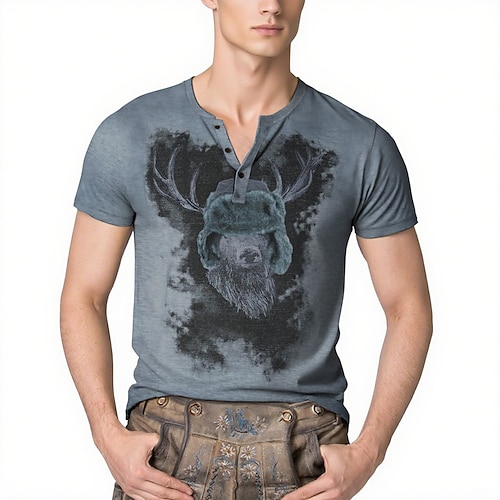 Lederhosen T-Shirt Match Henley-Shirt Bayerisch München Deutsch alpin Erbe T-Shirt Ärmel Grafik für Herren Erwachsene 3D-Druck für Karneval Oktoberfestbier Party Image