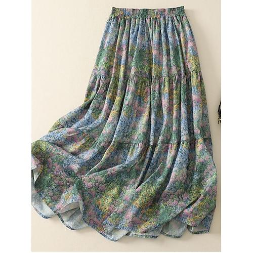 Damen Rock A-Linie Mode Lässig Maxi Hohe Taille Röcke Blumenmuster Druck Dehnbar Straße Täglich Grün Sommer Polyester