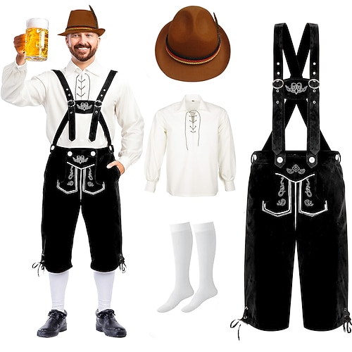 Oktoberfest Lederhosen Hemd Alpenhut Bayerisch Deutsch Wiesn Herren Karneval Party Bier Festival Stoff im traditionellen Stil Bluse Shorts Austattungen Image