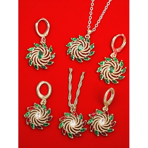 Damen-Schmuckset mit grünem Kristall – elegante vergoldete Halskette und Ohrringe mit Wirbeldesign, funkelnde Party-Accessoires für Weihnachtsfeiern und festliche Anlässe Image