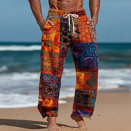 Herren Geometrisch Farbblock Ethnisch Hose Freizeithose Baggy-Hosen Mittlere Taille Böhmische Vintage-Retro Outdoor Urlaub Elastischer Kordelzug in der Taille Leinenähnliche Hose mit Taschen Sommer Image
