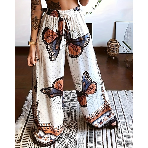 Damen Weites Bein Stoffhosen Streetwear Lässig Volle Länge Natürliche Taille Schmetterling Kordelzug Tasche Druck Bequem Outdoor Urlaub Straße Schwarz Weiß Herbst Normale Passform Image