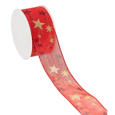Stoffband Sterne, rot-gold, 40 mm, 5 m Image