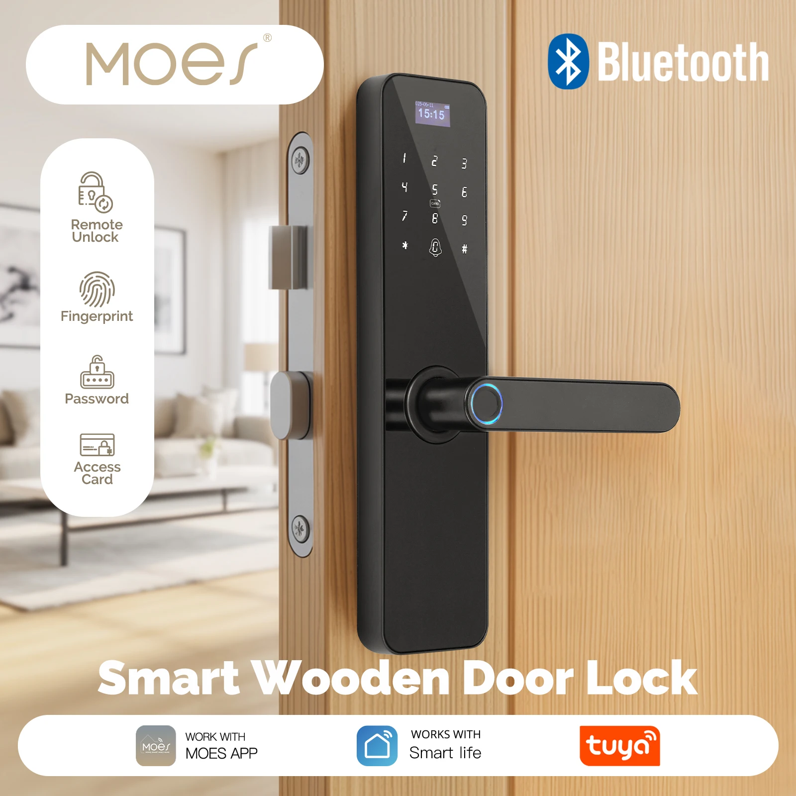 MOES Bluetooth Intelligentes Türschloss aus Holz – Fingerabdruck, Schlüsselkarte, PIN, Fernbedienung, Sabotagealarm, batteriebetrieben, mit Bildschirm Image