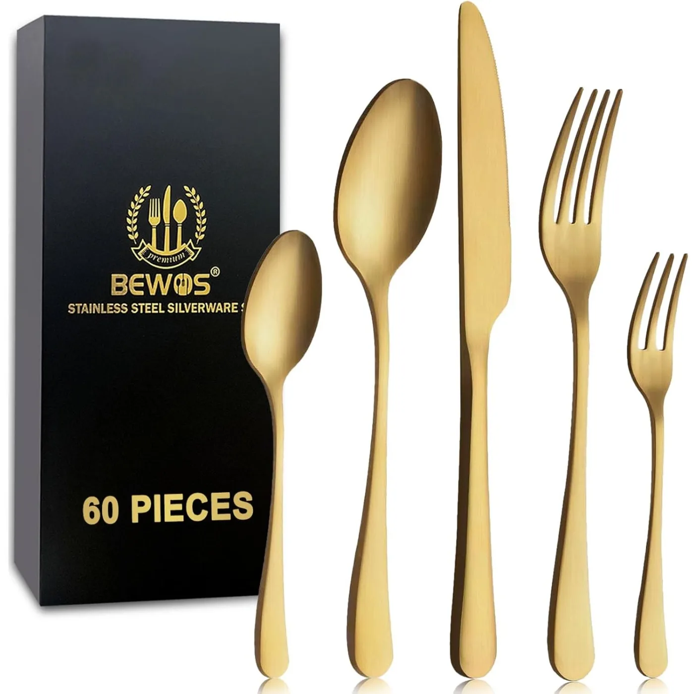 60-teiliges Set aus goldenem Besteck, einschließlich Messer, Gabeln, Löffel, hochwertigem Edelstahlbesteck, geeignet für Geschirrspülen Image