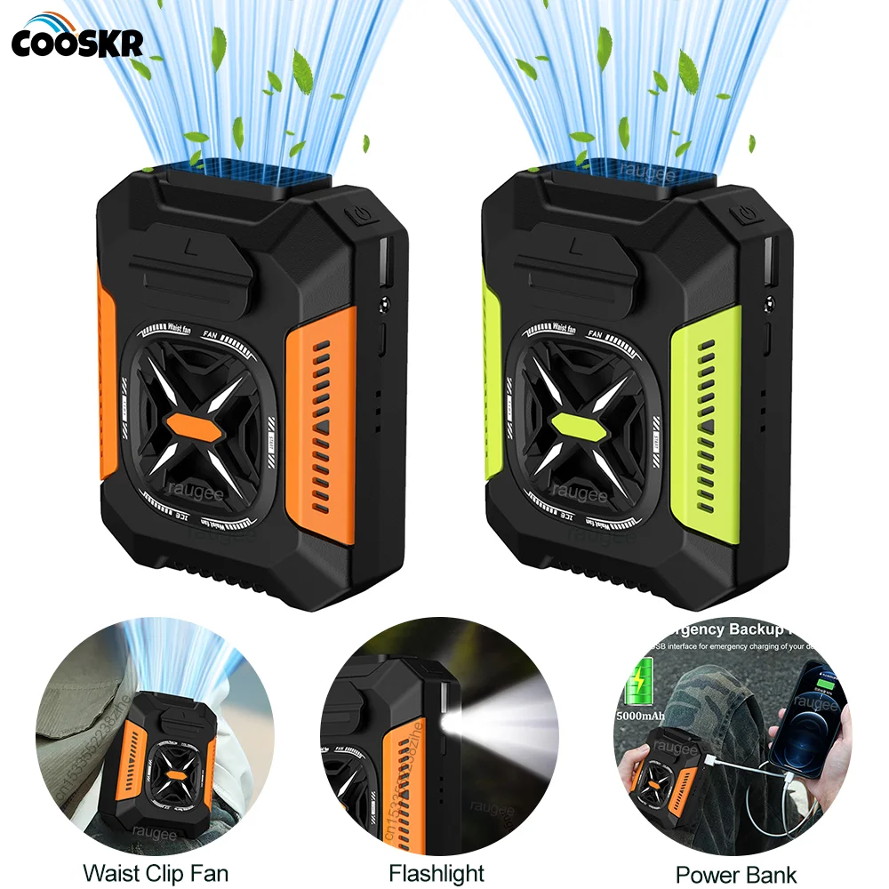 Tragbarer Taillenclip-Ventilator, 5000 mAh, wiederaufladbarer USB-Ventilator, leistungsstarker Luftkühler, Outdoor-Camping-Taillenventilator mit Powerbank, LED-Licht Image